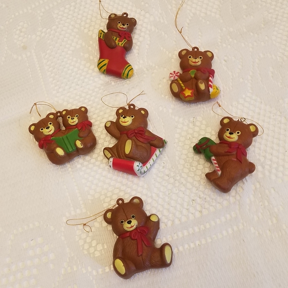 Lot of 6 Vintage Teddy Bear Christmas Ornaments